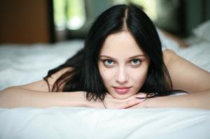Brunette, Women, Model, Blue Eyes, In Bed wallpaper thumb