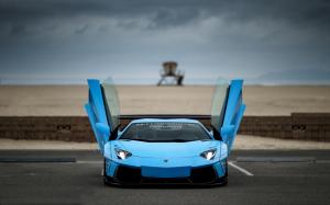 Blue Lamborghini Aventador supercar, doors opened wallpaper thumb