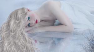 Blonde girl, face, red lips, white dress, lying bed wallpaper thumb