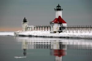 Dual Lighthouses On An Icy Pier wallpaper thumb