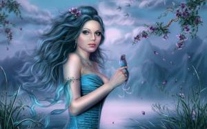 Blue skirt fantasy girl and kingfisher wallpaper thumb