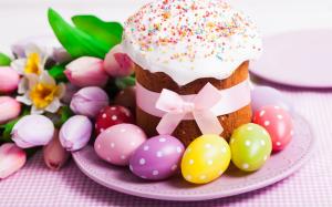 Easter, cake, colorful eggs, tulips wallpaper thumb