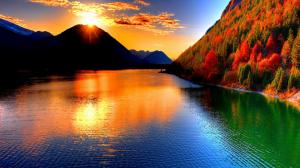 Nature, Landscape, Sun, Sunshine, Mountain, Trees, Autumn, Lake, Reflection wallpaper thumb