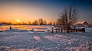 Winter, fence, trees, house, sunset, snow wallpaper thumb