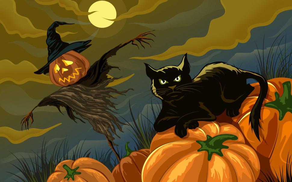 Black cat and scarecrow Holiday Halloween wallpaper,holiday halloween HD wallpaper,halloween HD wallpaper,black cat HD wallpaper,2880x1800 wallpaper