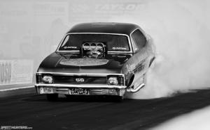 Drag Race Burnout Race Car Drag Strip Smoke BW Chevrolet Nova HD wallpaper thumb