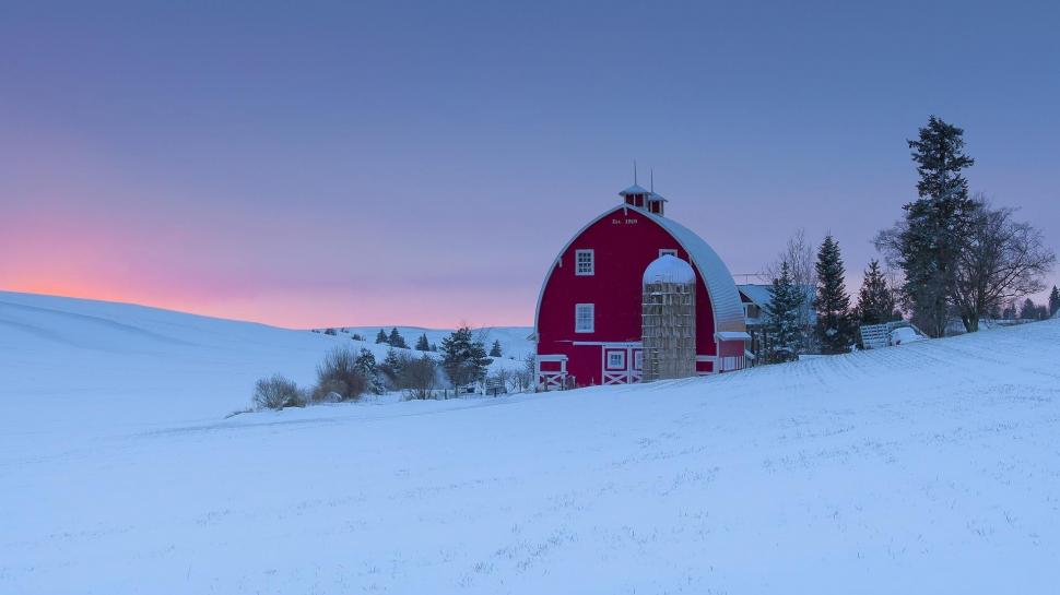 Red Barn Silo On A Winter's Sunset wallpaper,hills HD wallpaper,farm HD wallpaper,barn HD wallpaper,silo HD wallpaper,winter HD wallpaper,sunset HD wallpaper,nature & landscapes HD wallpaper,1920x1080 wallpaper