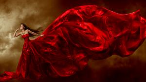 Beautiful red dress girl, jewelry, long hair, curls, art posture wallpaper thumb