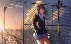 Sunset, anime girl, poles, wires, fence wallpaper thumb