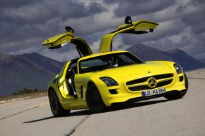 mercedes-benz, yellow, sls, amg, e-cell, coupe wallpaper thumb