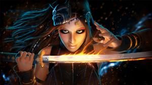Fantasy girl use flame sword wallpaper thumb
