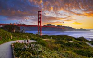 Golden Gate Bridge Bridge San Francisco Sunset Clouds Ocean Plants HD wallpaper thumb