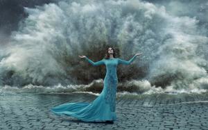 Blue peacock dress girl, gesture, storm, water splash wallpaper thumb