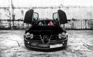 Mercedes-Benz black car front view, doors opened wallpaper thumb