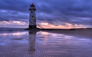 United Kingdom, Wales, lighthouse, sea, beach, evening, sunset, clouds wallpaper thumb