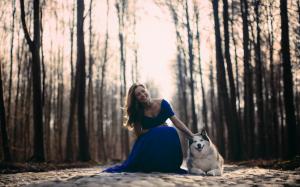 Happy girl, blue dress, dog, trees wallpaper thumb
