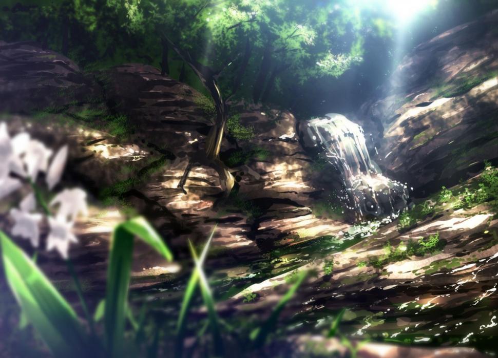Anime, Landscape, Waterfall, Stream, Nature, Sunlight wallpaper,anime wallpaper,landscape wallpaper,waterfall wallpaper,stream wallpaper,sunlight wallpaper,1280x923 wallpaper