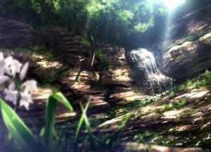 Anime, Landscape, Waterfall, Stream, Nature, Sunlight wallpaper thumb