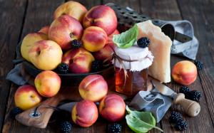 Nectarines, peaches, fruit, berries, cheese, honey, jar wallpaper thumb