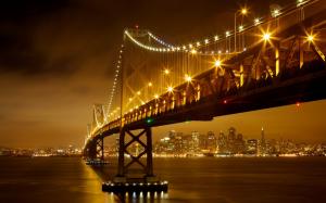 Bridge Night Buildings Ocean Lights HD wallpaper thumb