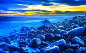 Sunset, sea, stones, dusk, blue style wallpaper thumb