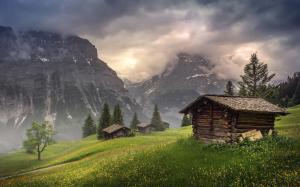 Cabin Shed Grass Mountains Clouds Trees HD wallpaper thumb