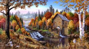 Home in the forest oil painting wallpaper thumb
