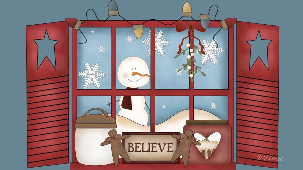 Whimsical Snowman Window 1 wallpaper,lights HD wallpaper,country HD wallpaper,christmas HD wallpaper,snow HD wallpaper,winter HD wallpaper,gingerbrad cookies HD wallpaper,3d & abstract HD wallpaper,1920x1080 wallpaper
