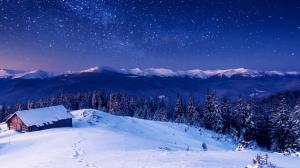 Houses, mountains, trees, snow, night, stars wallpaper thumb