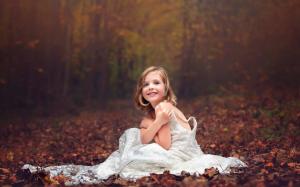 Wedding dress little girl, forest, autumn wallpaper thumb