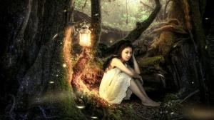 Forest, trees, girl, lanterns, beautiful mood wallpaper thumb