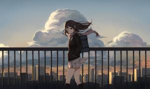 Shibuya Rin, Anime Girls, Scarf, Wind, City wallpaper thumb
