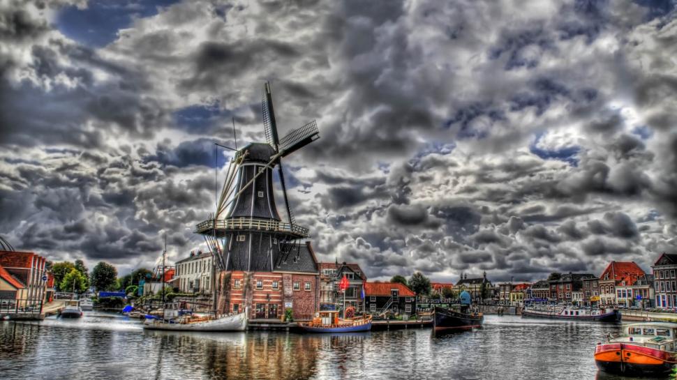 Windmill HDR Clouds Boats HD wallpaper,clouds HD wallpaper,cityscape HD wallpaper,hdr HD wallpaper,boats HD wallpaper,windmill HD wallpaper,1920x1080 wallpaper