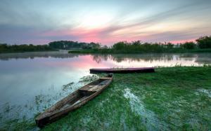 Poland, Biebrza National Park, lake, boats, dawn, summer wallpaper thumb