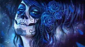 fantasy art, Dia de los Muertos, girl, blue flowers, face, women, artwork, rose wallpaper thumb