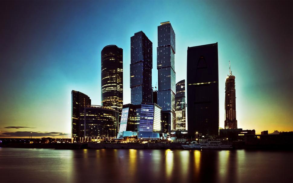 Moscow city, skyscrapers, river, night, lights wallpaper,Moscow HD wallpaper,City HD wallpaper,Skyscrapers HD wallpaper,River HD wallpaper,Night HD wallpaper,Lights HD wallpaper,1920x1200 wallpaper