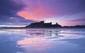 British castle, coast, dusk, sunset, lilac, sky, clouds wallpaper thumb