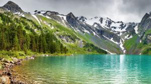 Mountains, lake, forest, peaks, snow, nature scenery wallpaper thumb