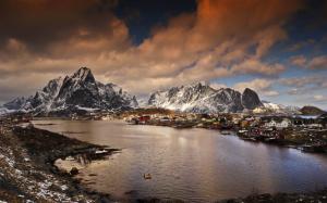 Norway, mountains, bay, village, winter, dusk wallpaper thumb