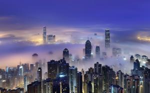 Hong Kong, Victoria Harbour, morning, dawn, skyscrapers, lights, mist wallpaper thumb
