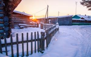 Snow Winter Sunset Sunlight Cabin Fence HD wallpaper thumb