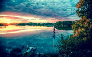 American Flag Flag Lake Clouds Sunset Dock HD wallpaper thumb