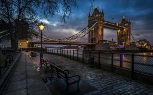 London, England, Tower Bridge, river, sidewalk, benches, lights, evening wallpaper thumb