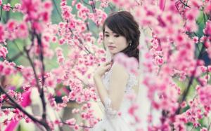 Asian girl, garden, spring, pink flowers wallpaper thumb