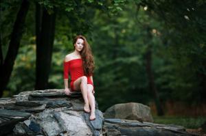 Women, Long Hair, Sitting, Red Dress, Rock, Trees, Bokeh, Bare Shoulders wallpaper thumb