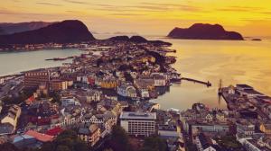 Alesund, Norway, city views, houses, sunset, ocean wallpaper thumb