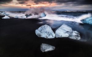 Iceland, ice, beach, sea waves splash, dawn wallpaper thumb