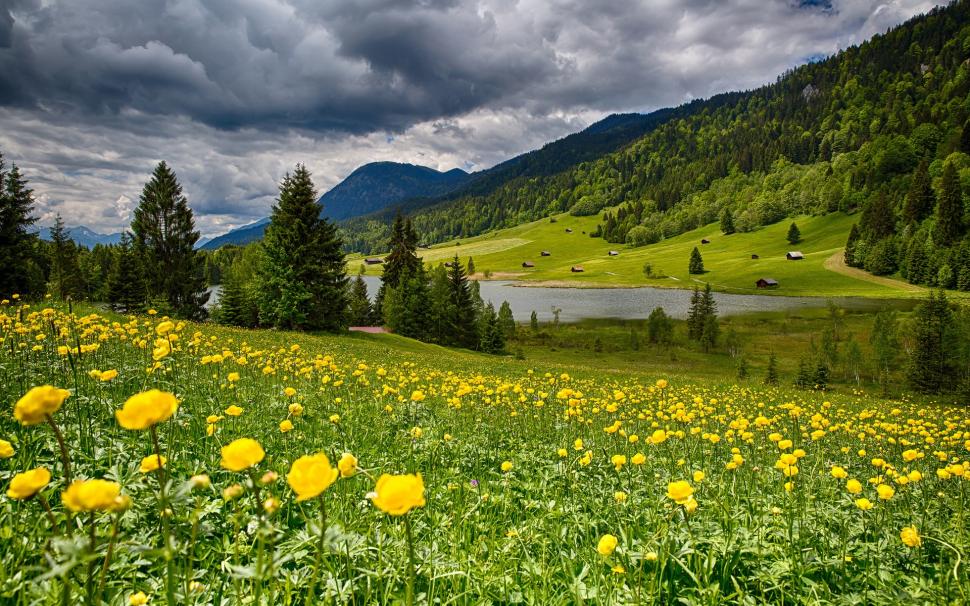 Sky, clouds, flowers, grass, mountains, lake wallpaper,Sky HD wallpaper,Clouds HD wallpaper,Flowers HD wallpaper,Grass HD wallpaper,Mountains HD wallpaper,Lake HD wallpaper,1920x1200 wallpaper