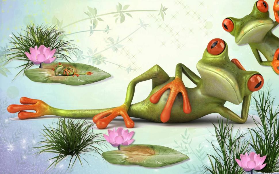 Frog's Cool Life wallpaper,waterlily HD wallpaper,smile HD wallpaper,frog HD wallpaper,cartoon HD wallpaper,animals HD wallpaper,1920x1200 wallpaper