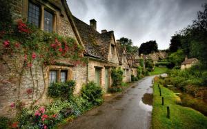 Village scenery, road, houses, flowers, green grass, cloudy wallpaper thumb